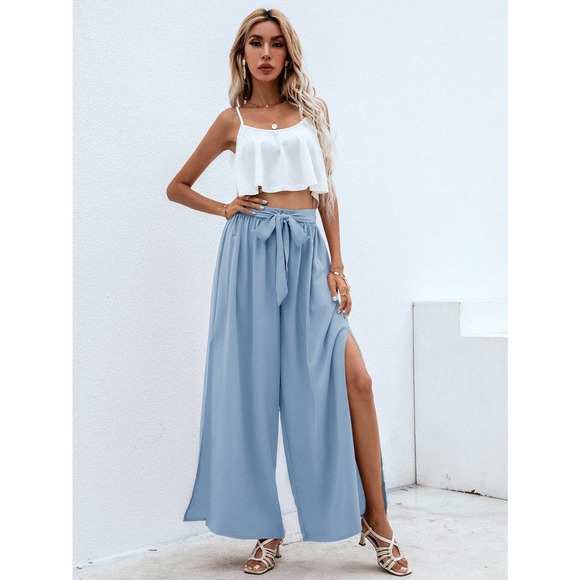 2 piece set: Cami crop Top & Belted Split thigh wide leg Pants hot pink - Picture 10 of 11